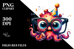 Goofy Tiny Kraken with Party Hat, Cartoon PNG Product Image 2