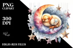 Baby Chicken Sleeping on Moon with Stars | Clipart Product Image 1