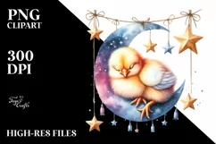 Baby Chicken Sleeping on Moon with Stars | Clipart Product Image 1