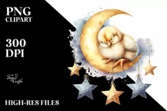 Baby Chicken Sleeping on Moon with Stars | Clipart Product Image 3