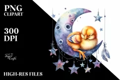 Baby Chicken Sleeping on Moon with Stars | Clipart Product Image 1