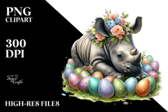 Adorned Baby Rhino in Grass between Easter Eggs PNG Product Image 2