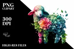 Abstract Vibrant Watercolor Lamb with Flowers, Transparent Product Image 1