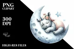 Baby Rhino Sleeping on Moon Decorated | Clipart Product Image 1
