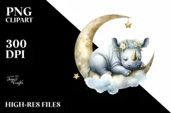 Baby Rhino Sleeping on Moon Decorated | Clipart Product Image 1