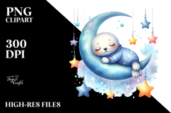Whimsical Baby Seal on Moon with Stars | Clipart Product Image 2