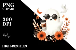 Cute Ghost with Sunglasses Holding Coffee PNG Product Image 3