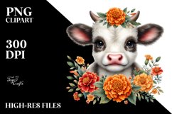 Baby Highland Cow with Marigold, Cute PNG Product Image 2