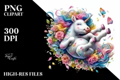 Colorful Baby Unicorn Tumbling with Spring Petals, PNG Product Image 1