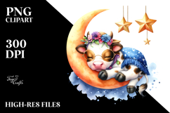 Baby Cow Sleeping on Moon with Stars | Clipart Product Image 2
