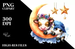 Baby Cow Sleeping on Moon with Stars | Clipart Product Image 3