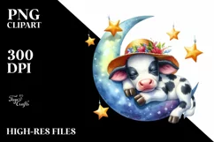 Baby Cow Sleeping on Moon with Stars | Clipart Product Image 1