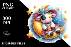 Baby Cow Sleeping on Moon with Stars | Clipart Product Image 2