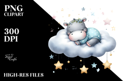 Cute Baby Hippo on Cloud with Stars | Clipart Product Image 2
