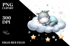 Cute Baby Hippo on Cloud with Stars | Clipart Product Image 1