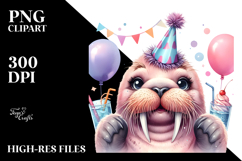 Cute Baby Walrus with Party Hat, PNG Product Image 2