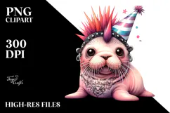 Cute Baby Walrus with Party Hat, PNG Product Image 2