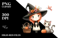 Simple Watercolor Funny Witch with Cat Product Image 2