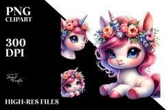 Cute Baby Unicorn with Floral Wreath, PNG Product Image 2
