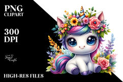 Cute Baby Unicorn with Floral Wreath PNG Product Image 2