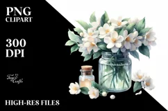 Watercolor Jar Filled with Large Jasmine | Clipart Product Image 1