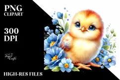 Cute Colorful Baby Chicken on Blue Flowers Product Image 1