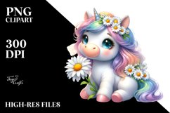 Baby Unicorn with Daisy Watercolor Clipart Product Image 3