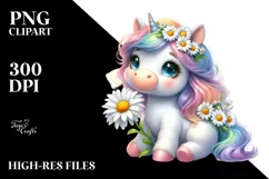 Baby Unicorn with Daisy Watercolor Clipart Product Image 3