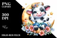 Cute Baby Cow Whimsical Moon Flowers Product Image 3