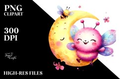 Cute Baby Bee on a Smiling Moon, PNG Product Image 2