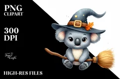 Funny Watercolor Koala on Witch Broom Sublimation Clipart Product Image 1