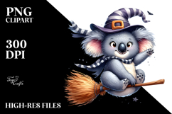 Funny Watercolor Koala on Witch Broom Sublimation Clipart Product Image 2