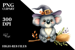 Funny Watercolor Koala on Witch Broom Sublimation Clipart Product Image 2