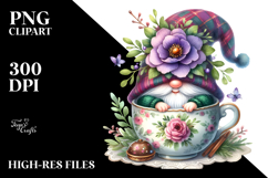 Watercolor Gnome with Large Violet Floral, PNG Product Image 2