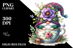 Watercolor Gnome with Large Violet Floral, PNG Product Image 2