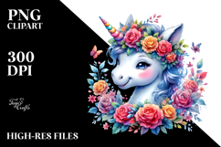 Watercolor Baby Unicorn with Floral Wreath PNG Product Image 2