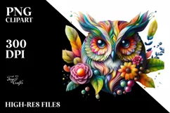 Abstract Vibrant Watercolor Owl with Flowers, Transparent Product Image 3