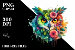 Abstract Vibrant Watercolor Owl with Flowers, Transparent Product Image 1
