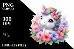 Cute Baby Unicorn with Impatiens | Sublimation | Clipart Product Image 1