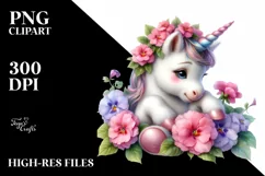 Cute Baby Unicorn with Impatiens | Sublimation Clipart Product Image 1