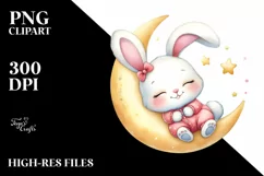 Cute Bunny Easter Bunny Sleeping on Moon Flower, Clipart Product Image 8