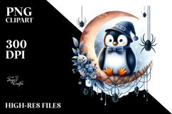 Whimsical Penguin on Half Moon with Spiders PNG Product Image 2