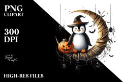 Whimsical Penguin on Half Moon with Spiders PNG Product Image 2
