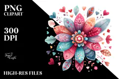 Simple Flower with Hearts Watercolor Digital Painting JPEG Product Image 2