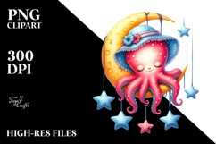 Baby Octopus Summertime Sleeping on Moon | Clipart Product Image 2