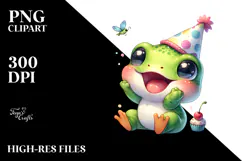 Cute Energetic Frog with Party Hat Watercolor PNG Product Image 2