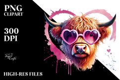 Pink Highland Cow with Heart-Shaped Sunglasses PNG Product Image 2