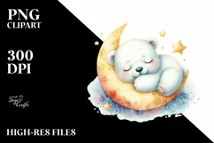 Cute Baby Polar Bear on the Moon | Watercolor Clipart Product Image 3