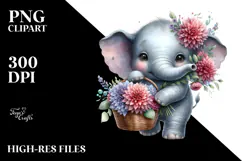 Detailed Baby Elephant with Flowers | Sublimation | Clipart Product Image 2