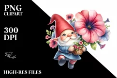 Cute Gnome Holding Petunia Clipart PNG Product Image 3